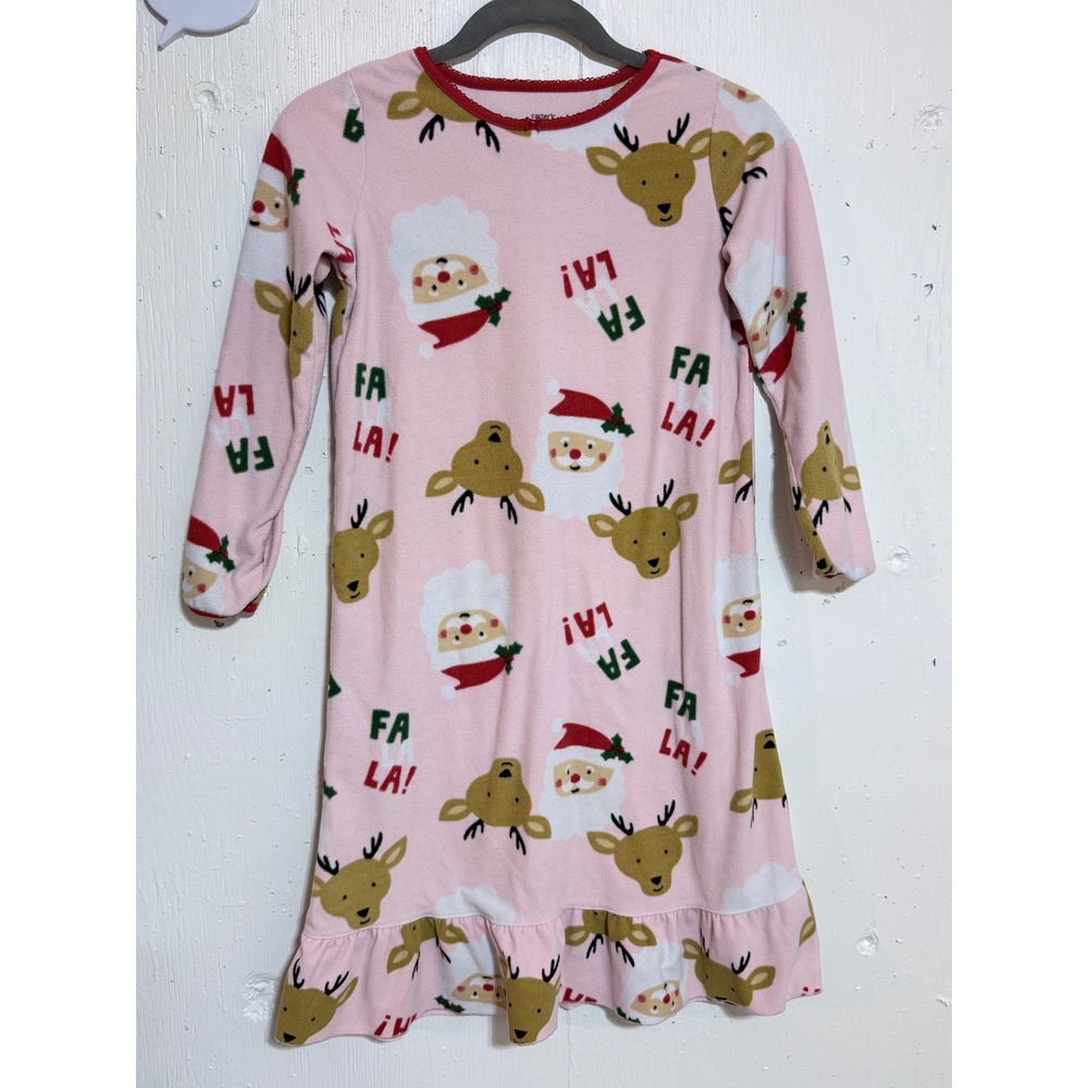 Carters Girls Pink Fleece Santa Reindeer Nightgown Christmas Pajamas Size 8-10A